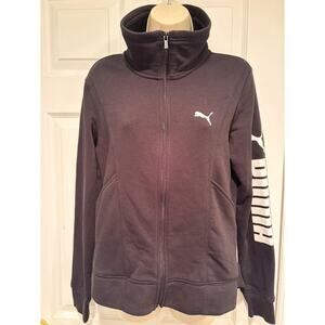 PUMA Zip Up Jacket Womens L Black Track Jacket Logo Sleeve Athletic Sweatshirt